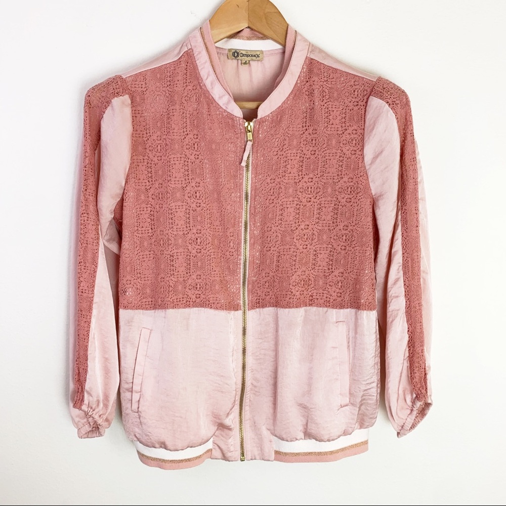 Democracy Lightweight Satin Lace Bomber Jacket Crochet
